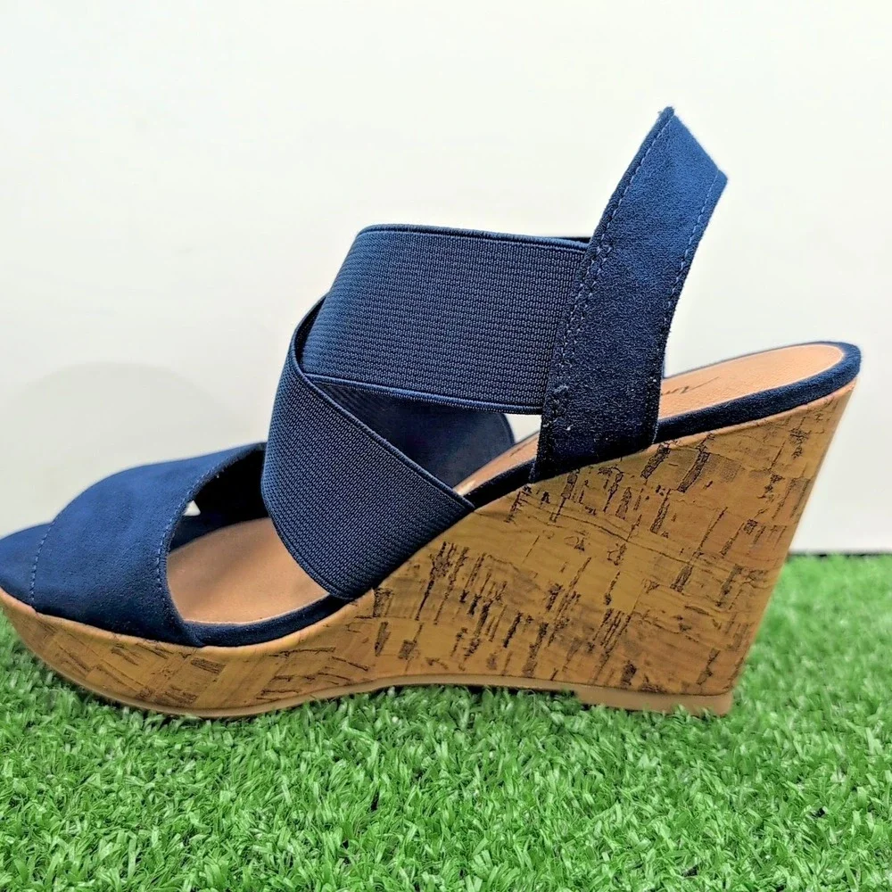 American Eagle AE Women's Shoes 5 Ryan Wedge Sandals Navy Blue Cork Heel‎ Straps